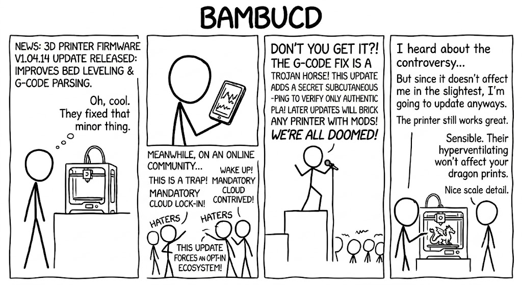 Every week someone posts a 4,000-word warning that Bambu is doomed, and every week another thousand printers quietly finish their Benchys without reading it. Every week someone posts a 4,000-word warning that Bambu is doomed, and every week another thousand printers quietly finish their Benchys without reading it.
